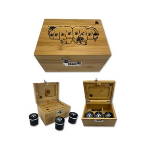 OG Bzz Box (Stash Box) with Double Fist Design, Rolling Tray, 3 Stash Jars, Marker, Stash Tube - Smell proof lockable Bamboo Stash Box