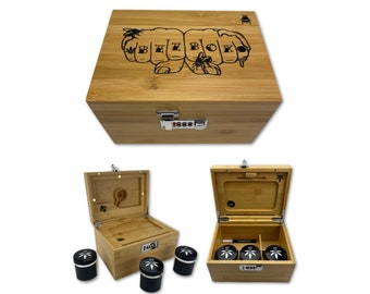 Grande boîte Bzz (boîte cachette, bambou) avec design double poing, plateau à roulettes, 3 bocaux - Boîte en bambou - Boîte anti-odeurs verrouillable