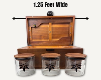 XL Dark Acacia Stash Box: 3 Glass Jars with Walnut lids, Lockable, Smell-Proof (15"x9"x7")
