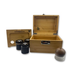 Large Bzz Box (Stash Box, Bamboo) with Glass Grinder, bamboo tray, and 3 stash jars - Organizer - Smell Proof, lockable stash box set
