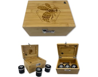 Stash Box: Smell Proof, Lockable - Rolling Tray, 3 Glass Jars - Hex Bee Design