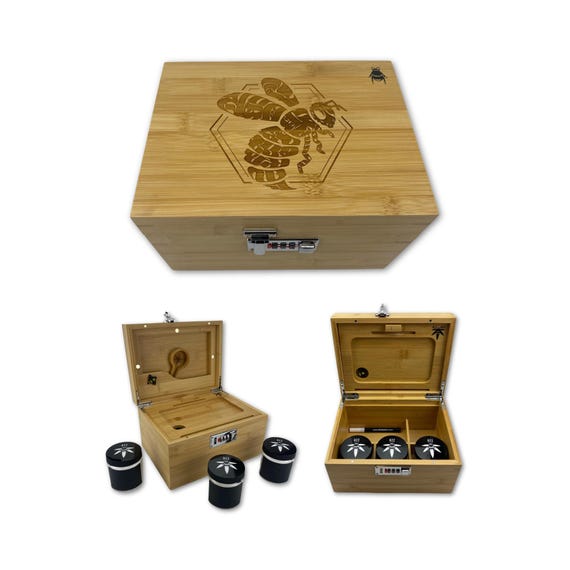 Stash Box: Smell Proof, Lockable - Rolling Tray, 3 Glass Jars - Hex Bee Design