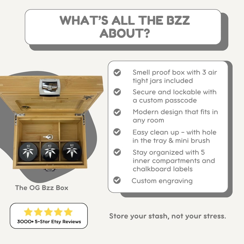 Large Bzz Box Stash Set | Rolling Tray l 3 Stash Jars l Smoking Accessories | Smell Proof Box | Boxes & Bins | Wooden Box | Storage & Organization | Bzz Box | Lock Box | Collectibles | Home & Living | Smoking Gift Idea | Large Stash Box custom HexBee