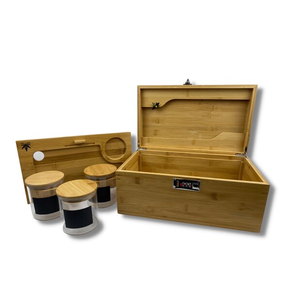 XL Bzz Box (Bamboo Stash Box) - Biggest Stashbox available - with Rolling Tray, 3 Large Stash Jars, Smell Proof Lock Box, Tobacciana