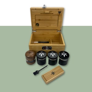 Large Bzz Box Stash Set, Smoking Accessories, Smell Proof Box, Boxes & Bins, Wooden Lock Box, Home & Living, smoking Gift Idea, Large Stash Box Bundle, three stash jars, a rolling tray, mini brush, two pokers, a Bzz Scoop, and Chalkboard marker