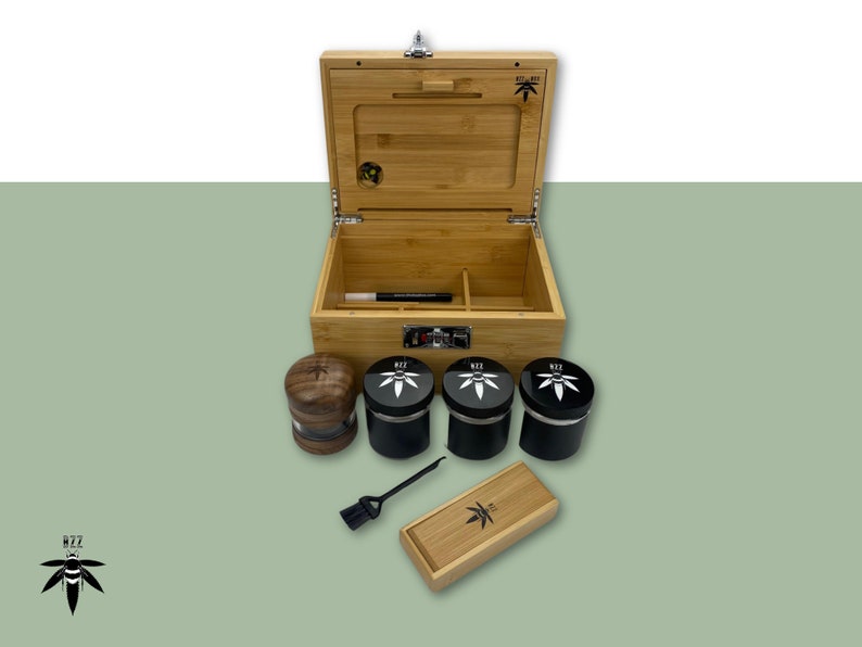 Large Bzz Box Stash Set, Smoking Accessories, Smell Proof Box, Boxes & Bins, Wooden Lock Box, Home & Living, smoking Gift Idea, Large Stash Box Bundle, three stash jars, a rolling tray, mini brush, two pokers, a Bzz Scoop, and Chalkboard marker