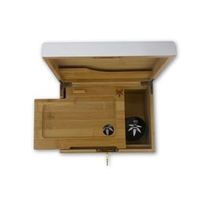 Stash Box - Large White Bzz Box with Sliding Rolling Tray, 3 Stash Jars, and Skeleton Key Lock - Wooden Lock Box - Smell Proof