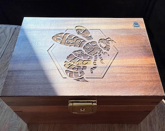 Dark Wood Stash Box: Smell Proof, Lockable, Hex Bee Design, Rolling Tray