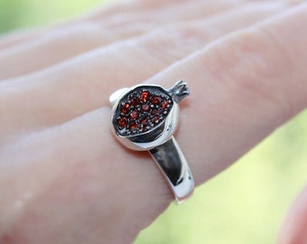 Tiny Ring Silver 925 with zircon stones burnt orange Pomegranate jewelry Persephone goddess Rings women lightweight jewelery Armenian gift