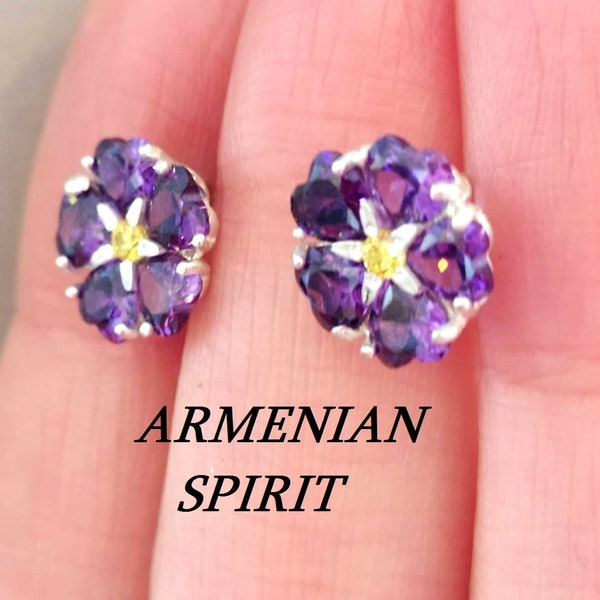 Armenian jewelry stud earrings forget me not purple flower violet Silver 925 Armenian symbol 1915 Memory gift Girl nail earrings