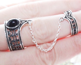 Double ring silver 925 black onyx  Bohemian jewellery Designer jewels Adjustable rings with chain Handmade Armenian Artisan jewels