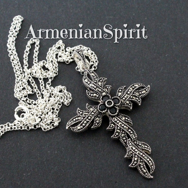 Armenian cross Silver marcasite black vintage Jewelry men crosses big Christian women Orthodox gifts Armenischer Schmuck Armeense arméniens