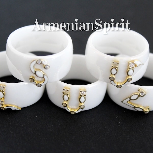 Armenian letters Ring ceramics white with gold plated silver 925 and white zircons letter
