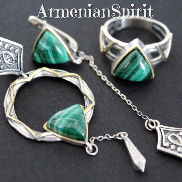 Armenian Silver 925 jewelry set Earrings with different designs and ring Green malachite gemstone Modern Gold plated parts