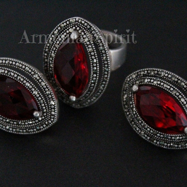 Ohrringe und Ring Sterling Silber 925 armenischen Schmuck Vintage-Stil roter Topas klein