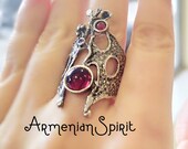 Boho ring red stone SILVER 925 bohemian unusual Armenian jewelry handmade Grape pattern multistone tribal rings ethnic jewellery Designer