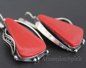 Boucles d'oreilles NATUREL corail rouge style vintage ARGENT STERLING 925 bijoux arméniens faits main