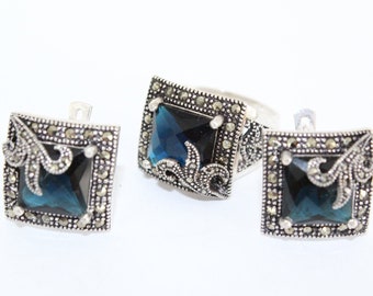 Armenian jewelry Marcasite jewelry set silver Navy blue small silver cocktail jewellery STERLING SILVER 925 small blue stones ring earrings