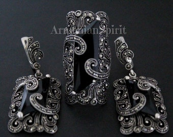 Black stone marcasite jewelry Sterling silver 925 Luxury jewelry handmade Armenian