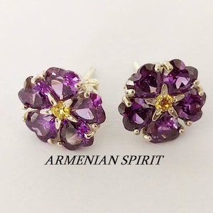 Armenian jewelry Earrings forget me not purple flower violet  Stud earrings Silver 925 Armenian symbol 1915 Memory gift Girl jewellery