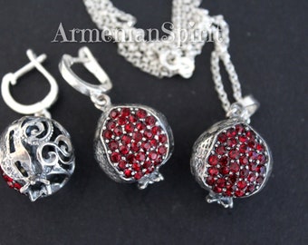Persephone pomegranate SET earrings pendant chain Sterling SILVER 925 with red zircon stones