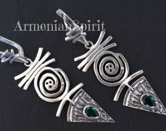 Earrings Sterling silver 925 green zircons Ethnic ornament Armenian jewelry