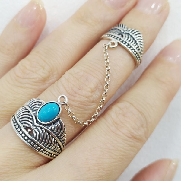 Armenian jewelry Double ring with chain Silver 925 Natural turquoise gem Full finger ring bohemian Adjustable Ethnic boho bague arménienne