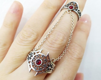 Armenian jewelry Double ring with chains Silver 925 Red stones Adjustable Ethnic