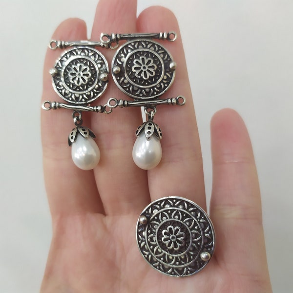 Armenian jewelry SET White lab pearl Round Sterling silver 925 Unusual Artisan jewels Earrings and Ring adjustable White bridal jewellery