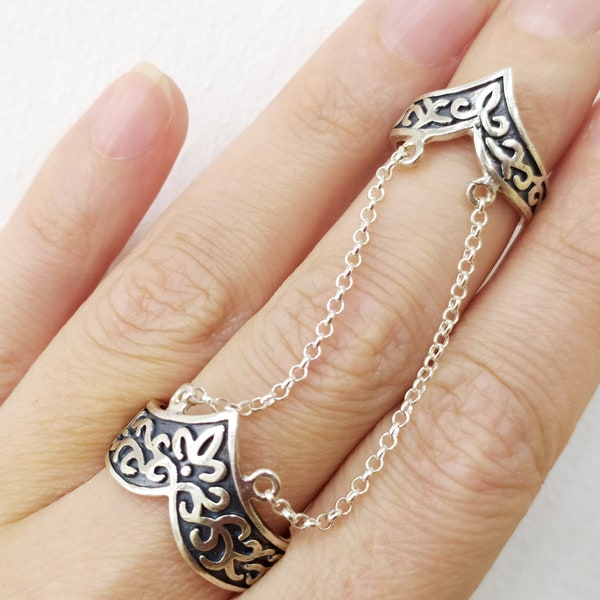 Double ring silver 925 full finger shield jewellery with chains and Traditional Armenian pattern Designer jewels spring Adjustable rings