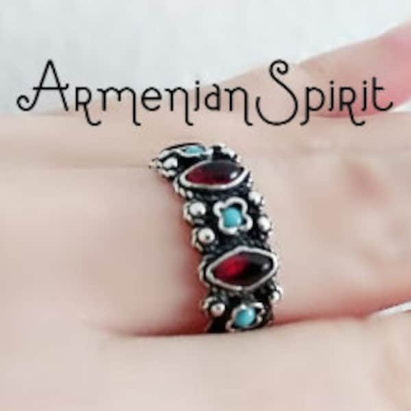 Real garnet and turquoise band ring women men unisex STERLING SILVER 925 Armenian Boho jewelry women delicate jewellery Christmas small gift