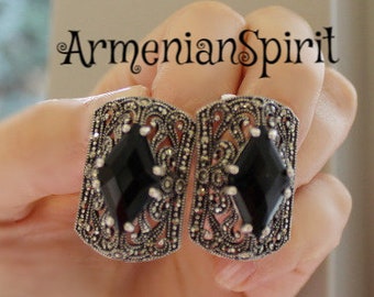 Pendientes marcasita Plata de ley Piedras negras Topacio de cristal joyería de noche armenia hecha a mano Bijoux brillantes fait main armenienne