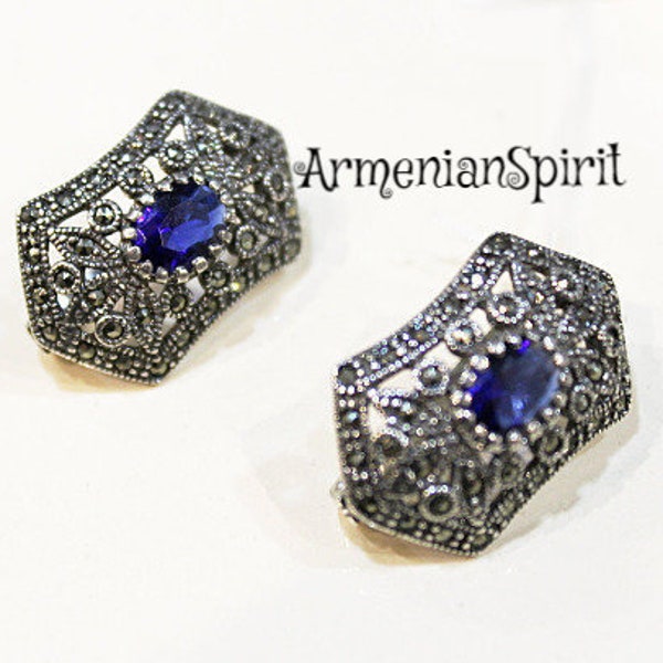 Silver marcasite blue stone earrings SILVER 925 armenian jewelry handmade blaue Stein Silber Ohrringe Frauen Geschenke boucles d'oreilles