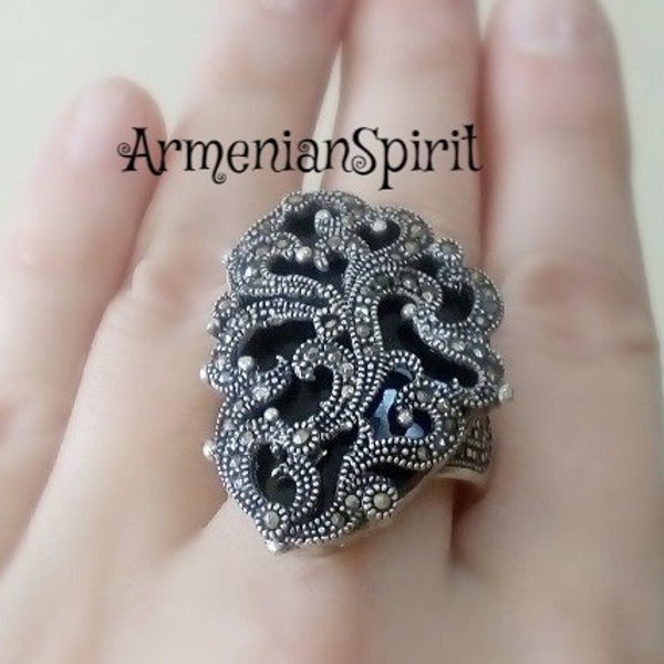 Black Ring Very big Marcasite jewelry armenian marcazite Black stone bague marcassite argent STERLING SILVER 925 engagement ring black