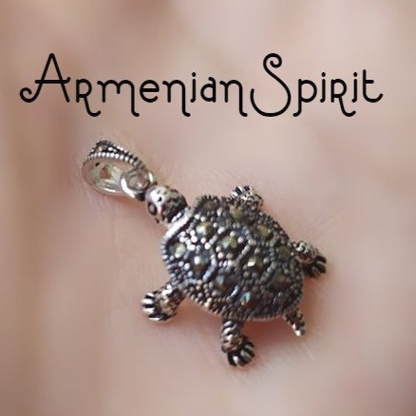 Tortoise PENDANT Silver 925 charm Turtle jewelry marcasite Tortoises lover gift tortue bijoux en argent marcassite turtle choker small