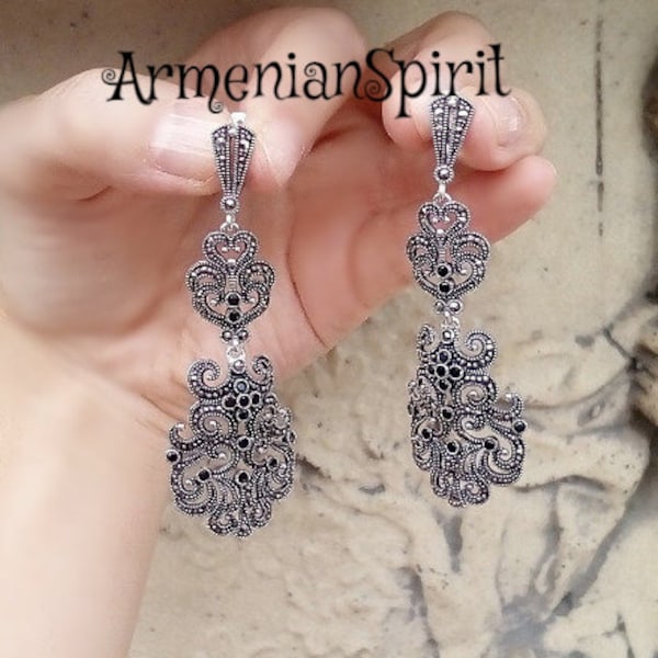 Extra long earrings 7 cm Marcasite Very long 3 inch Evening jewelry Luxury Wedding earrings engagement STERLING SILVER 925 earring very long