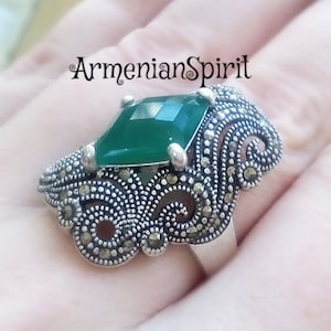 Silver 925 Armenian Jewelry Marcasite Emerald Green EARRINGS Very Long Green  Accessories Tudor Victorian 