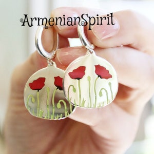 Earrings Poppies jewelry Silver Armenian handmade Flowers Red Poppy gifts pavot