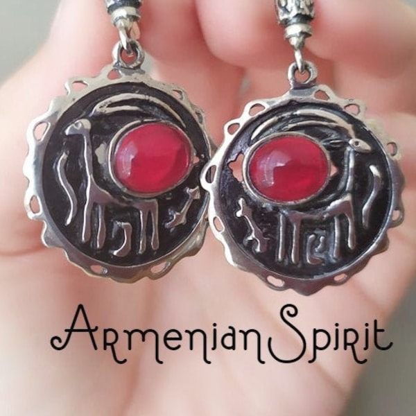 Red garnet earrings with goat Gifts for women red STERLING SILVER 925 ethnischer Schmuck gioielli etnici bijoux ethniques fall jewelry