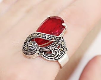 Mid century ring red stone Marcasite SILVER 925 rings women wedding Red accessories Armenian jewelry victorian jewels findings Fall jewelry
