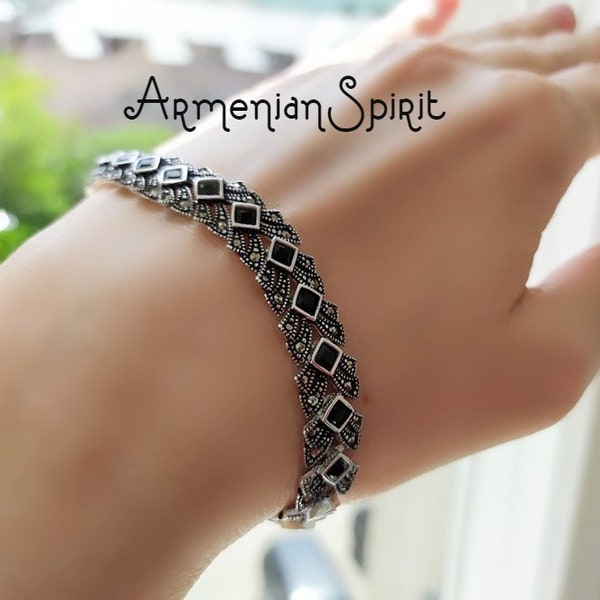 Bracelet femme argent marcassite 925 Pierres noires Bijoux arméniens ARGENT sterling 925 bracelets argent CHOISISSEZ LA LONGUEUR