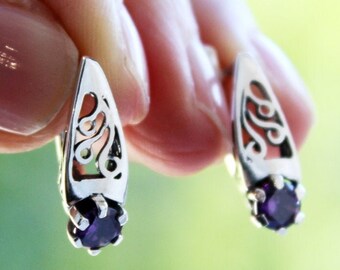 Tiny earrings purple zircon stone 925 Silver Small jewelry Armenian Handmade Everyday jewellery Violet stone Wedding purple Bridal gifts