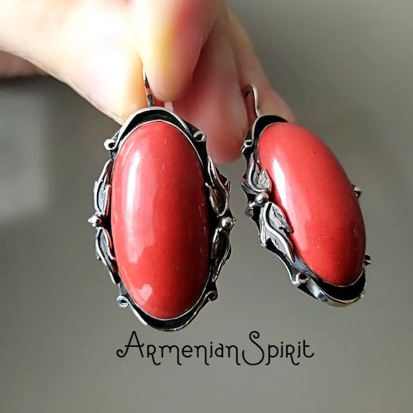 Real red coral earrings cabochon 925 Silver 60th Jewelry floral Vintage earrings red STERLING Very big jewelry 70th Armenian jewelry