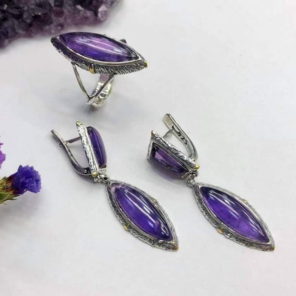 Amethyst natural earrings and ring SET Silver 925 Unusual beautiful jewels gold plated parts Armenian handmade jewellery CHOOSE gemstone