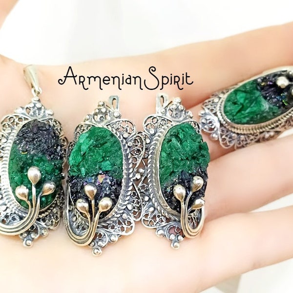 Natural Malachite SET Ring Earrings Charm Vintage jewelry Armenian handmade jewelry Tudor Vintage fait main Armenienne STERLING SILVER 925