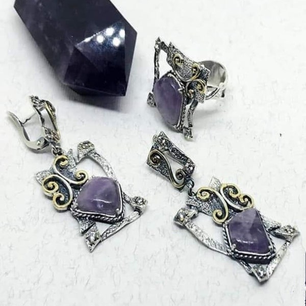 Armenian Silver jewelry set Earrings with English lock and ring Purple amethyst gemstone Modern jewellery Summer gift Gold plated parts