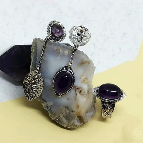 Earrings with English lock and ring Set purple amethyst gem Silver gold plated jewelry