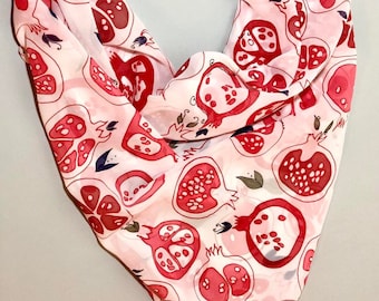 Scarf square hand painted Silk white with red pomegranates Persephone goddess gift Armenian handmade