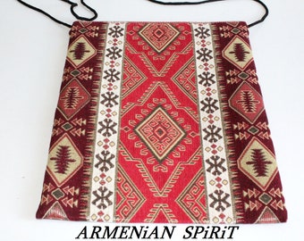 Armenian Bag crossbody Cotton blend Red Ethnic ornament with black rope Tote bag Shopper bags rectangle For mobile phone Spring gifts