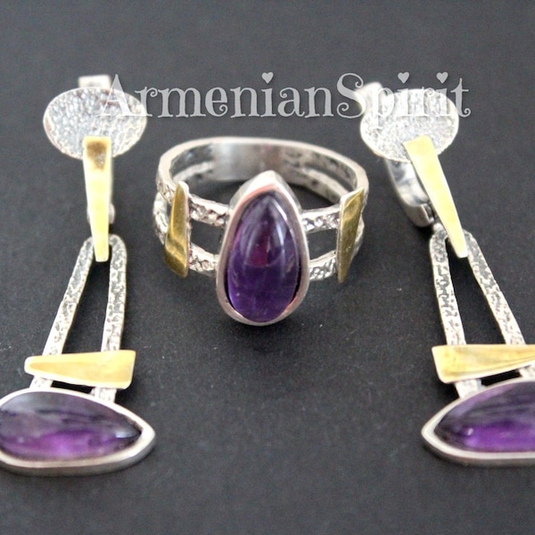 Amethyst earrings and ring Sterling silver 925 Modern jewelry gold plated